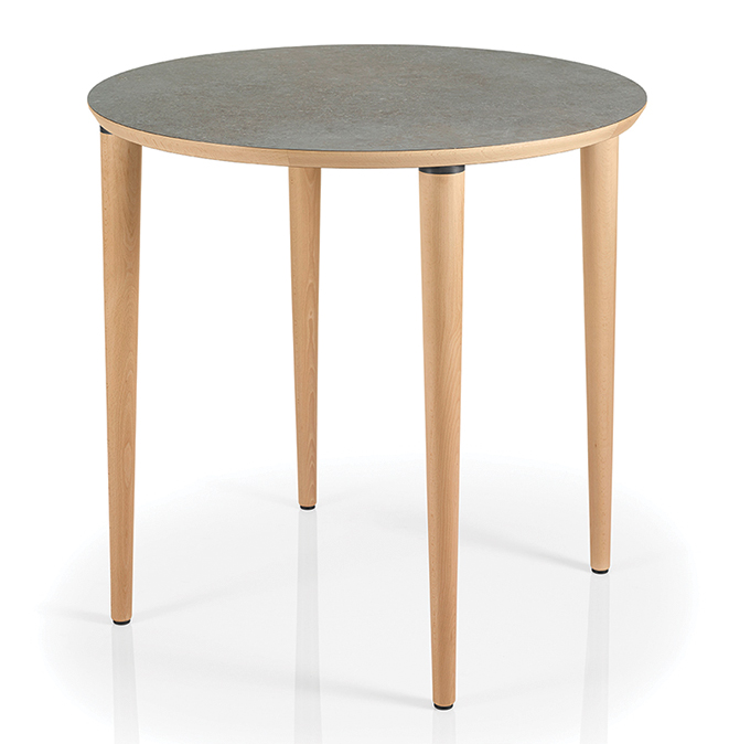 Mesa coluna central para hotelaria profissional com estrutura metálica e prumo madeira, disponível com varias medidas, tonalidades , formatos e categorias de tampos